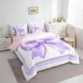 thumbnail image 3 of Manfei Cute Bowtie Ribbon 7 Pieces Bedding Comforter Set,Purple Dot Pattern Full Bedding Set,Princess Bow Knot Fitted Sheet Flat Sheet For Girls,Microfiber Bedroom Decor Reversible, 3 of 8