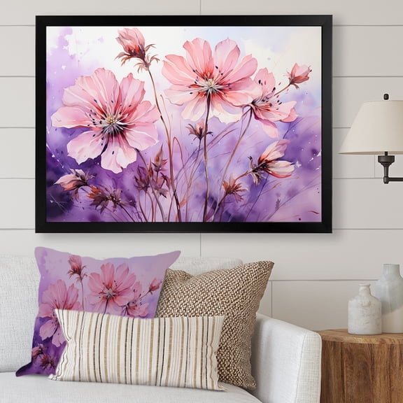 Designart "Meadow of Poppies Purple and Pink I" Floral Framed Wall Art Decor - Traditional Pink Poppies Entryway Framed Wall Art Print