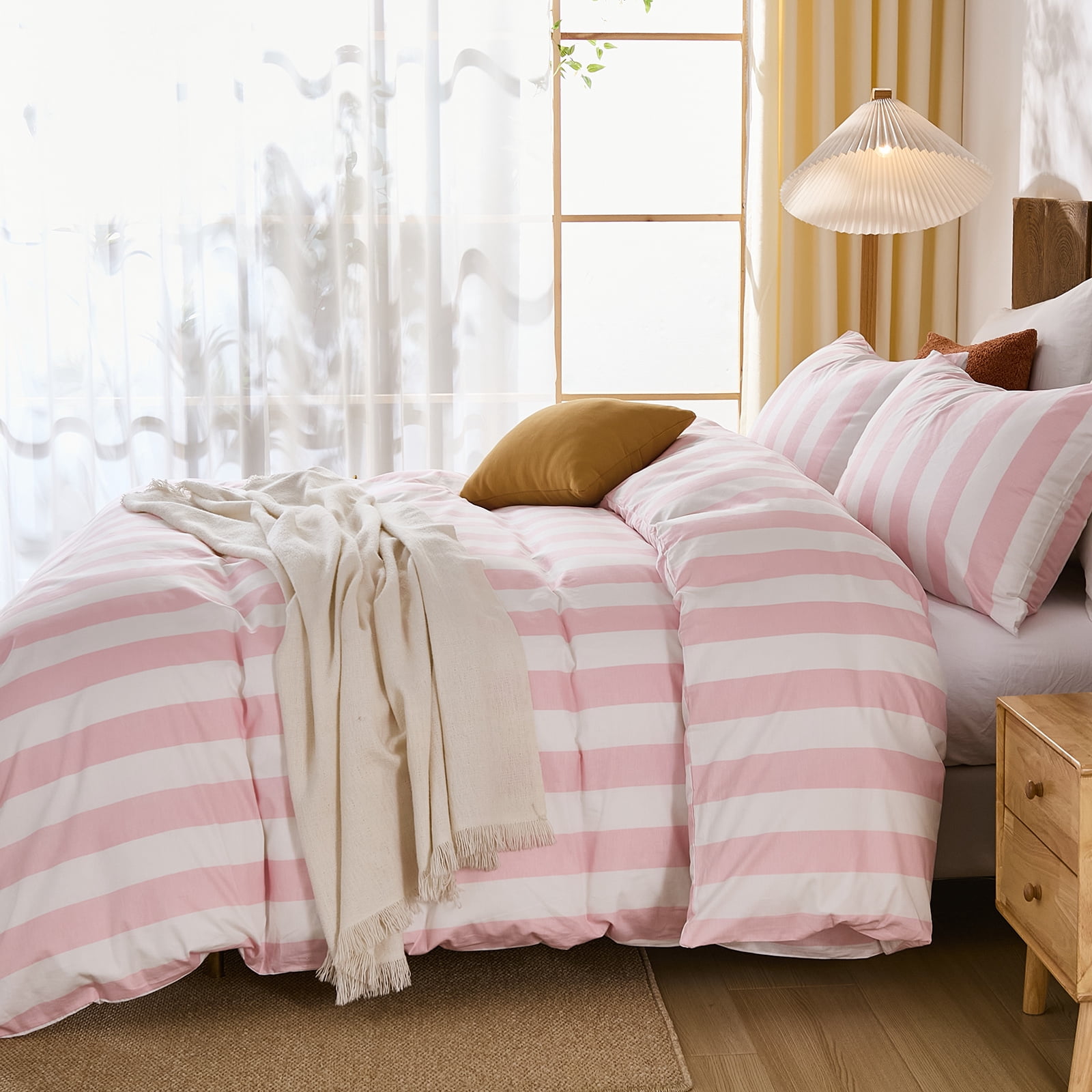 100% Cotton Stripe Duvet Cover Set Queen Size - Gray Striped Duvet Cover Set with Zipper Closure & 8 Corner Ties, Modern Minimalist Wide Stripe Bedding Set for Cozy Elegant Bedroom