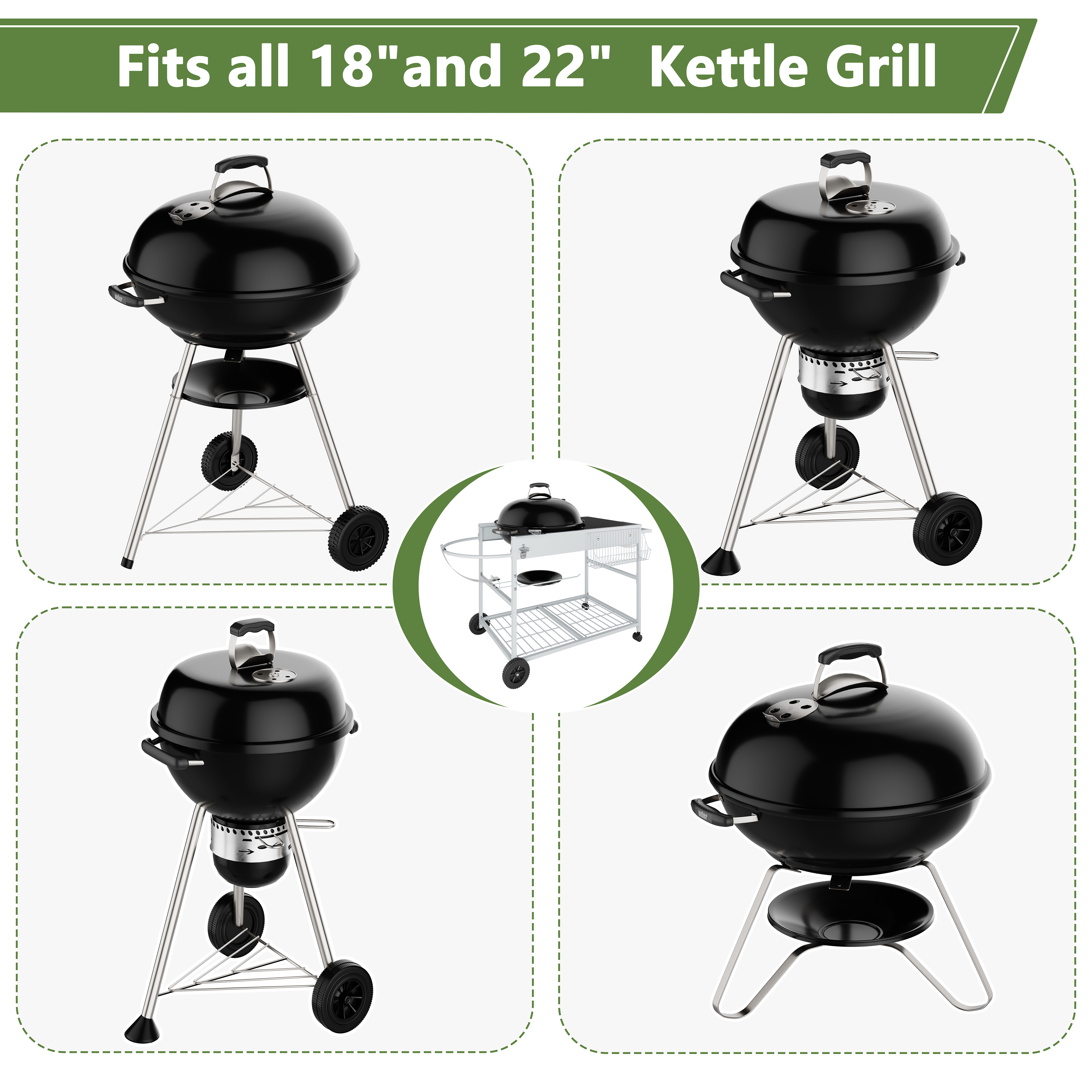 Walsunny Outdoor Grill Prep Table Cart for Weber 22"&18" Kettle, Universal Grill Table Stand Cart for Performer, Master-Touch, JumboJoe Charcoal Grills with Sliding Lid Rack, Lockable Wheels