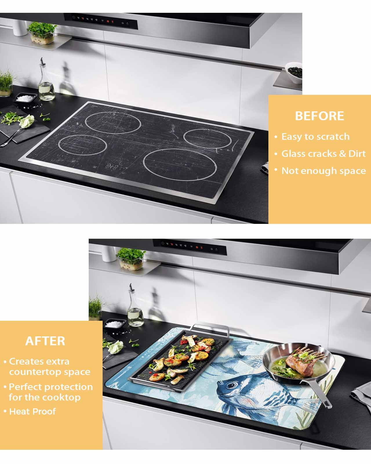 nqOlkjepod Large Induction Cooktop Protector Mat 24"x21", Summer Ocean Blue Stove Top Covers for Electric Stove, Watercolor Fish Flower Decorative Stove Burner Cover Mats, Glass Top Stove Cover