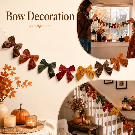 Whaline Fall 3D Velvet Bow Garland Thanksgiving Decorations Pre-Assembled Coquette Bunting for Door Window Mantel Supplies