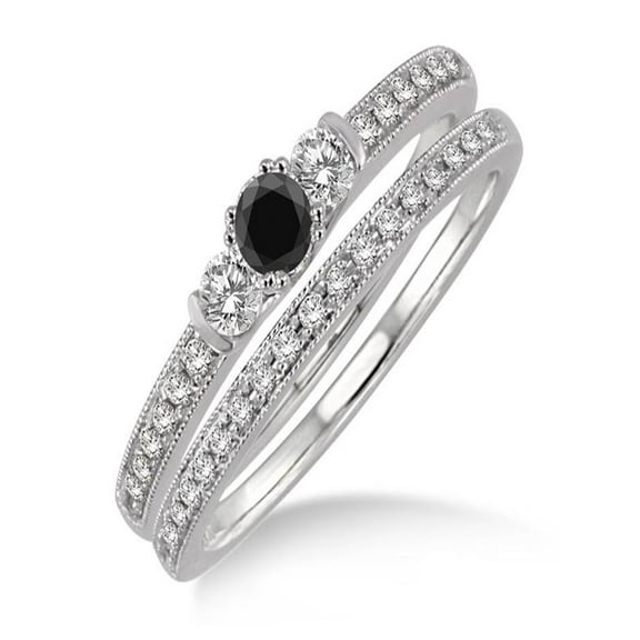 1.5 Carat Black Diamond Three Stone Bridal Set on 10k White Gold