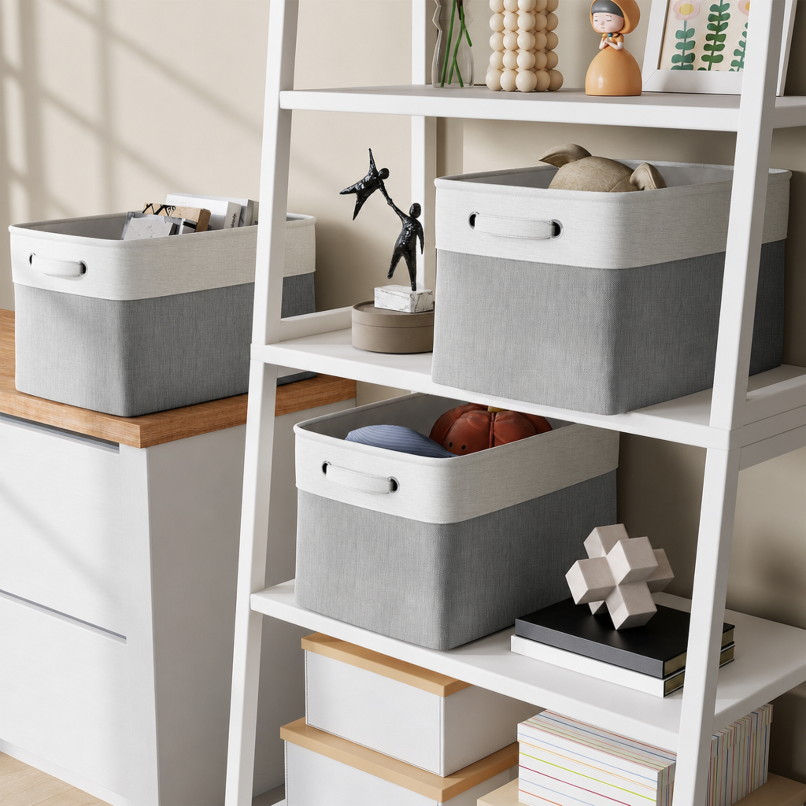 Fenbeli Fabric Storage Baskets Set of 4 Foldable Storage Bins with Handles for Shelf and Closet, Gray White