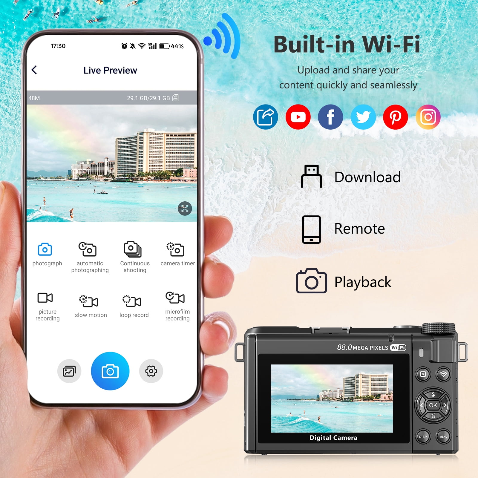 Saneen 8K Digital Camera 88MP Autofocus Vlogging Cameras Photography 3" Flip Screen ith Wifi 18X Digital Zoom with 32GB SD Card & 2 Batteries