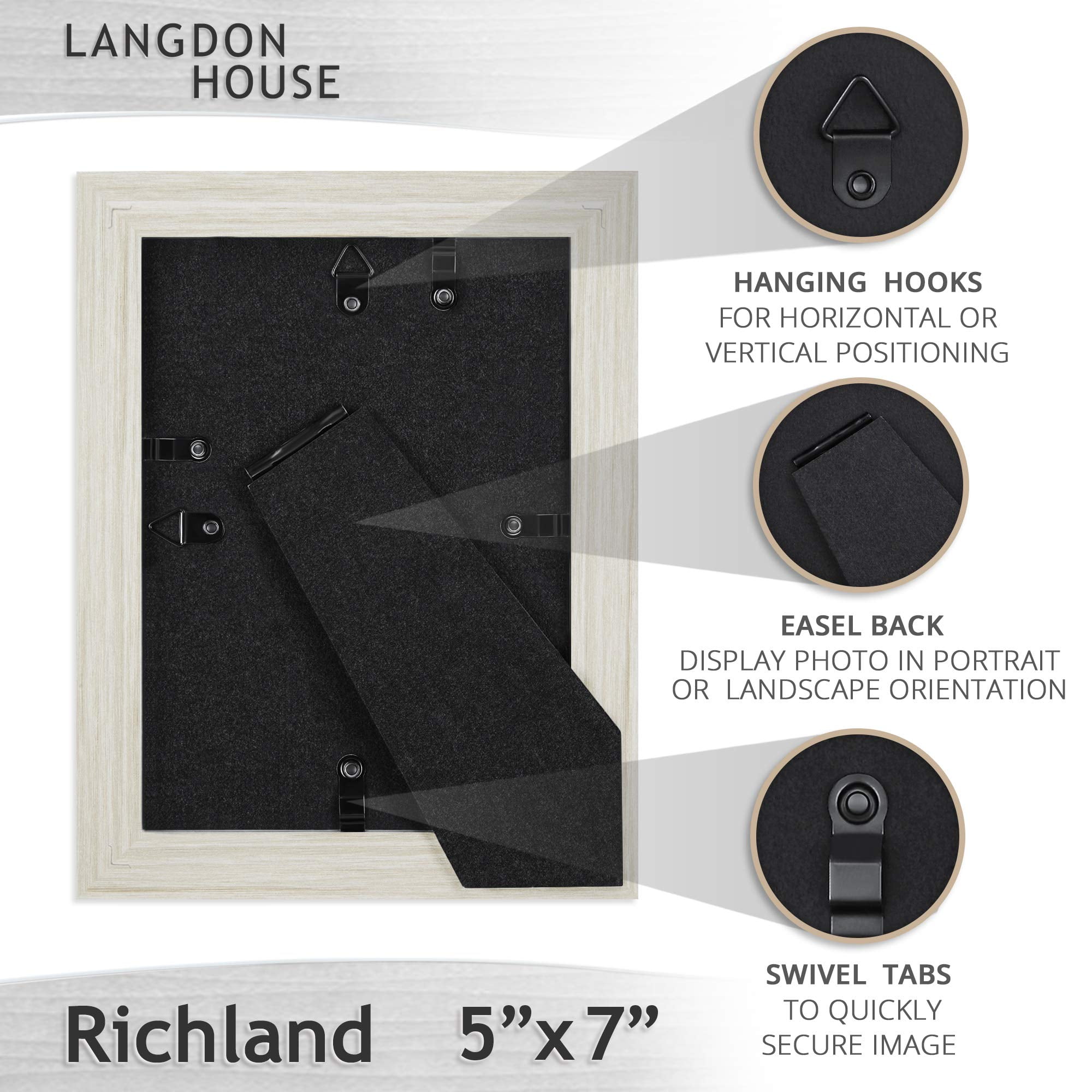  Langdon House 8x10 Black Picture Frame w/Removable Mat to 5x7,  Modern Step-Down Molding, Tabletop Easel Included, Estate Collection