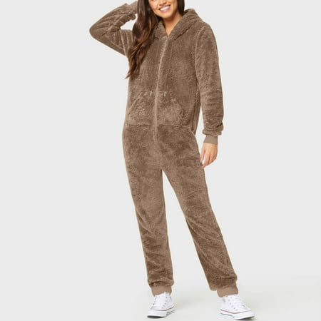

Fall Jackets For Women Artificial Wool Long Sleeve Pajamas Casual Solid Color Zipper Loose Hooded Jumpsuit Pajamas Casual Winter Warm Rompe Cute 1 Piece Suit Fleece On Sleepwear Coat Women