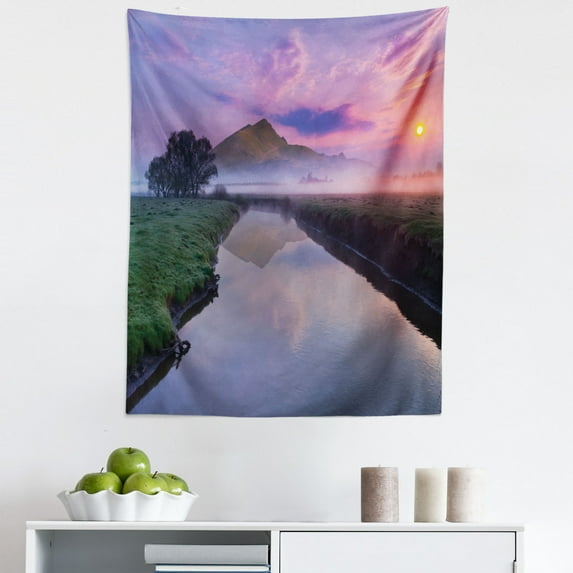 Nature Tapestry, Still Lake View with Misty Purple Sunny Sky and Big Mountain on the Background, Fabric Wall Hanging Decor for Bedroom Living Room Dorm, 5 Sizes, Multicolor, by Ambesonne