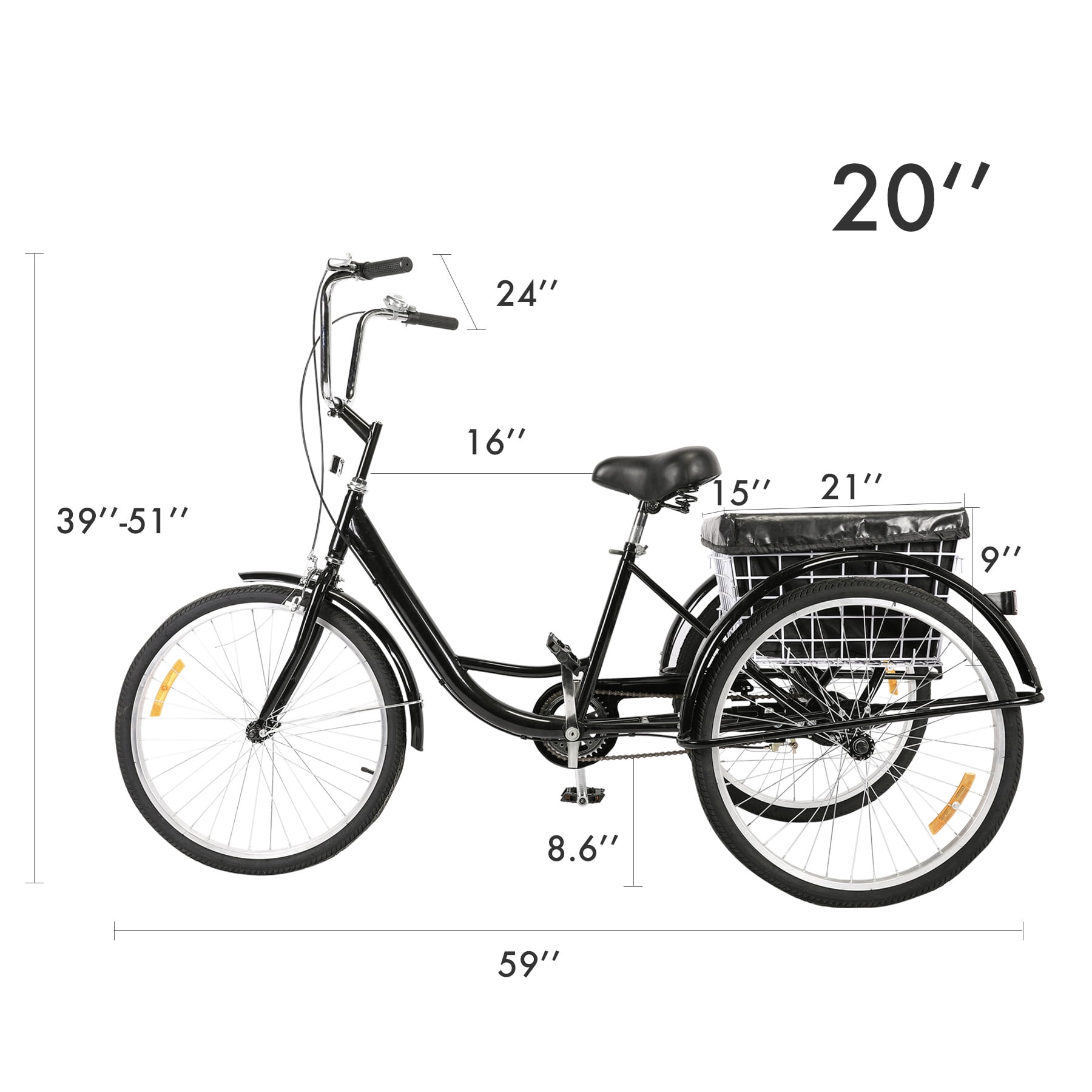 20" Adult Tricycle with Bell Dust Bag Lock Brake Large Size Basket Cruiser Bike, Black