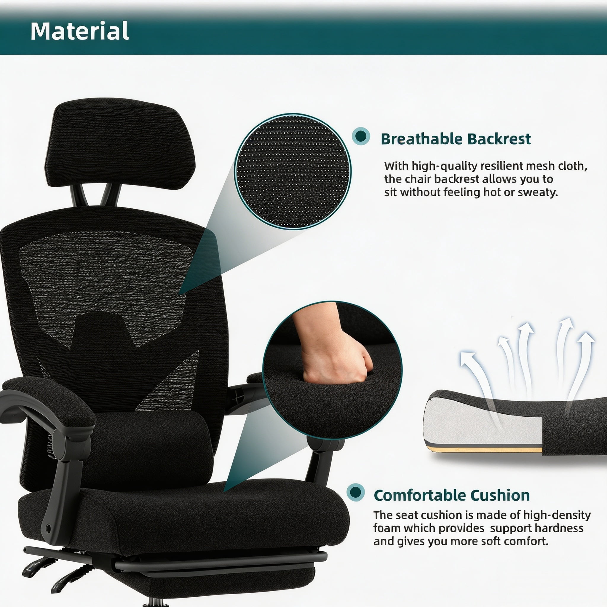 Retractable Footrest Ergonomic Swivel Office Chair with Lumbar Support Pillow and Padded Armrests