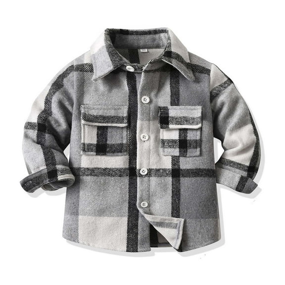IVEYRTF Children Boys Girls Classic Flannel Button Shirt Jacket Plaid Long Sleeve Lapel Shacket Soft Fall Tops for Kids 1-9 Years(Gray#3,8 Years)