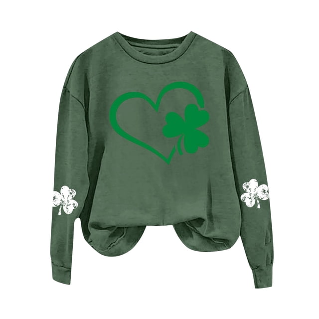WEAIXIMIUNG Chandails en Molleton Courts pour Femmes Plus Femmes Jour de la Saint-Patrick Col Rond Manches Longues Jogging Chandail en Molleton Vert Imprimé Graphique Quatre Feuilles