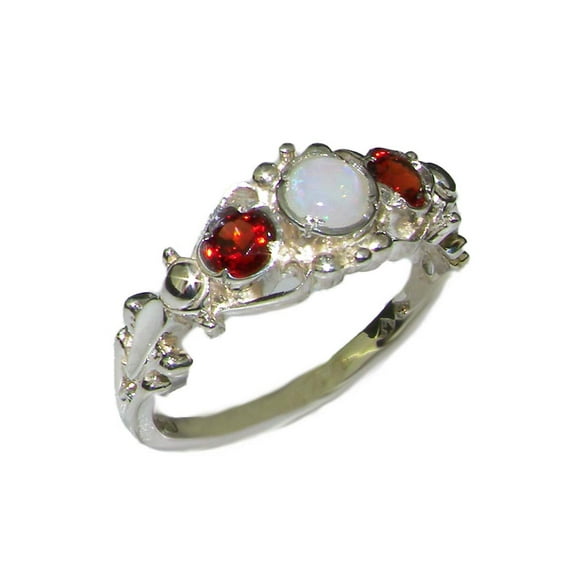 LBG British Made 18k White Gold Natural Opal & Garnet Womens Trilogy Ring - 33 size options - Sizes 4 to 12 Available