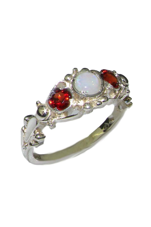 LBG British Made 925 Sterling Silver Natural Opal & Garnet Womens Trilogy Ring - 33 size options - Sizes 4 to 12 Available