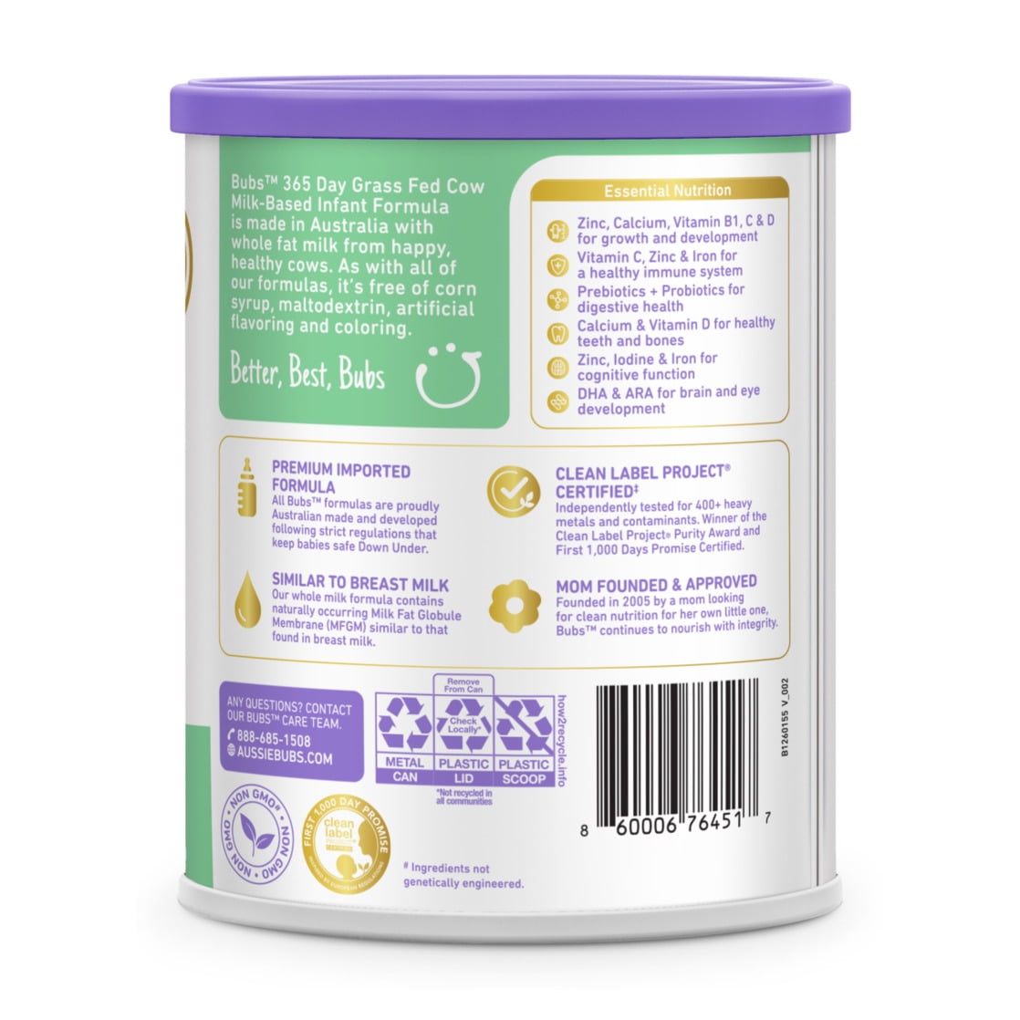 Bubs Grass Fed Infant Formula with Iron for 0-12 Months, 20 oz