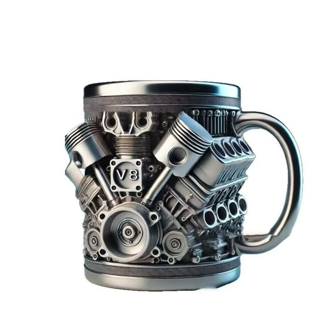 FloHua Personalized Stainless Steel Mug - V8 & V6 Engine Design, Double-Wall Insulated, Ideal for Car Enthusiasts, Keeps Drinks Hot or Cold, 12oz Capacity