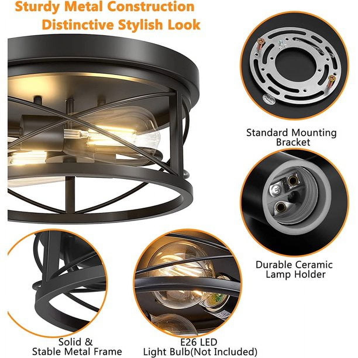 2-Light Flush Mount Ceiling Light Fixture Industrial Black Metal Farmhouse Close to Ceiling Lights for Kitchen Bedroom Foyer