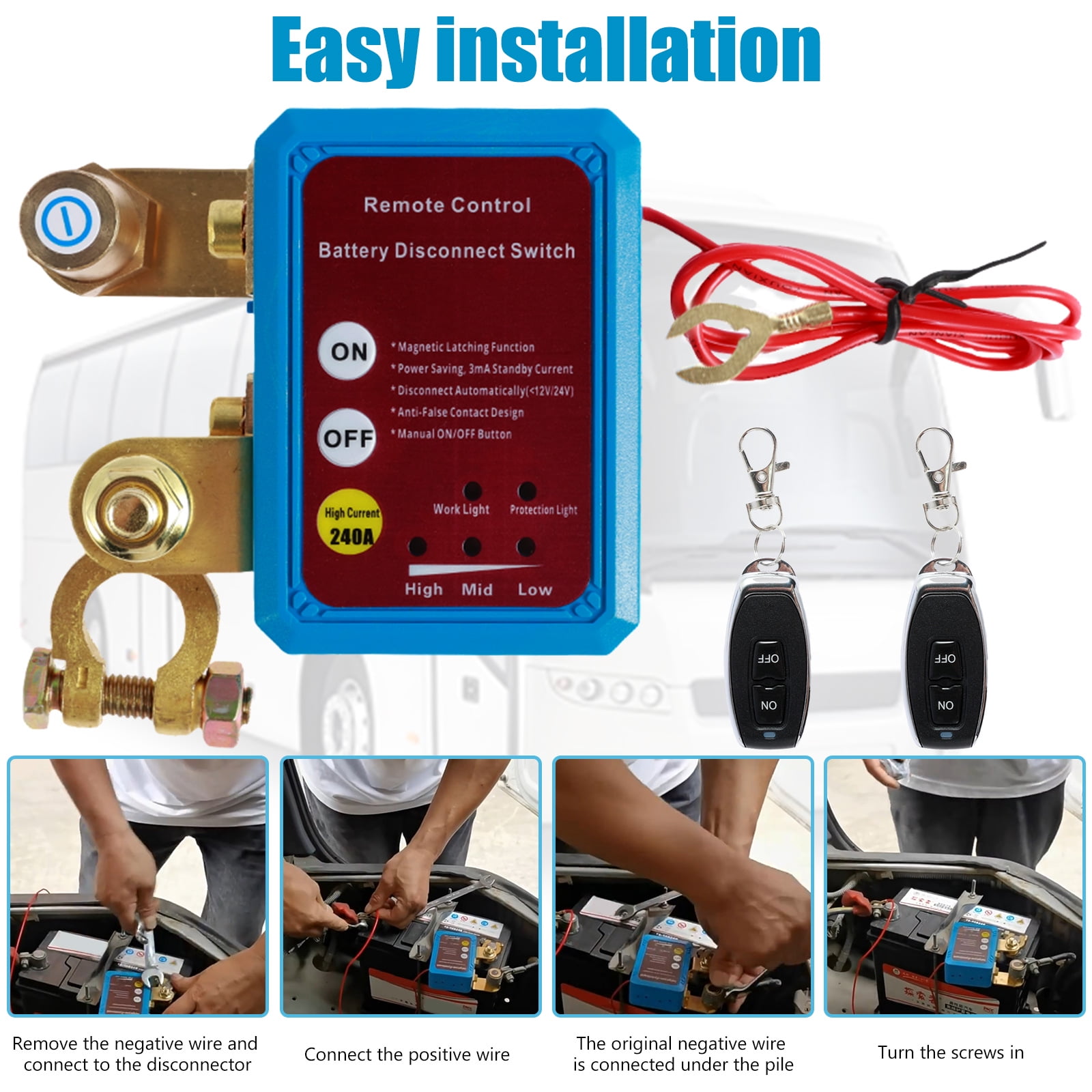 OKYMOTOR Remote Battery Disconnect Switch 12V 240A,Upgrade Smart Voltage Kill Switch Anti Theft Car Battery Cut Off Switch Remote Battery Kill Switch for Car RV Boat Truck