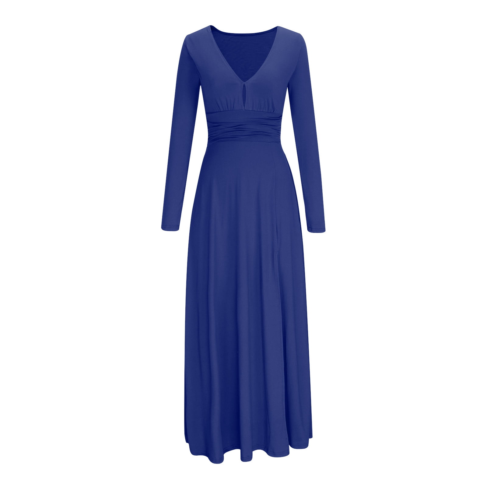 Long Sleeve Party Dress for Women Elegant Wedding Guest Evening Maxi Gown V Neck Pleated High Split Formal Dress (X-Large, Blue)