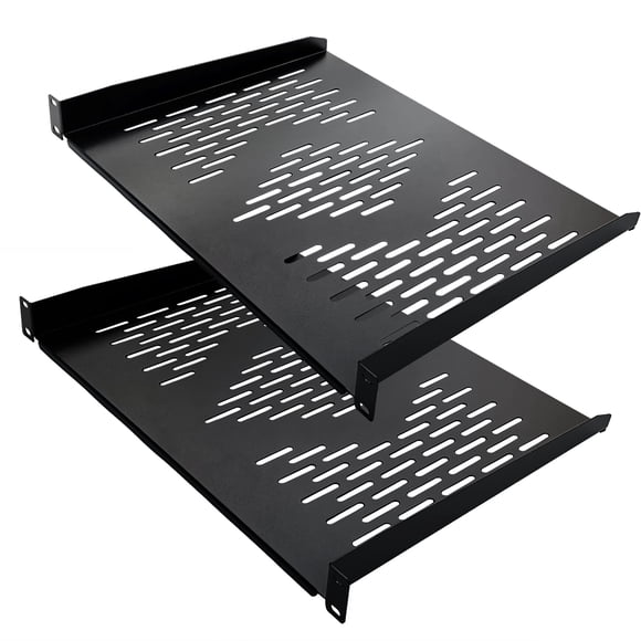 RIVECO 2 Pieces 1U Rack Shelves 19” Tray Cabinet Mount Vented Cantilevers for Network Equipment Shelf Mounting, 14 Inches 35CM Depth, Black 2PC