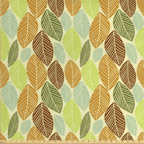 Leaves Fabric by The Yard, Soft Colored Autumn Leaves with Stripes as