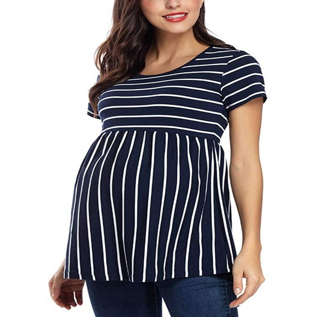 T-Shirt pour Femmes Enceintes à Rayures Imprimées à Manches Courtes Col Ras du Cou Grossesse Maternité Chandails Hauts