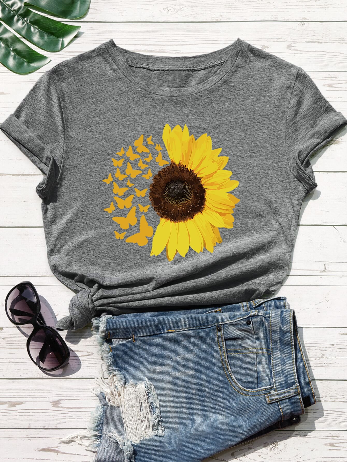 Grey Sunflower Butterfly Graphic Tee 