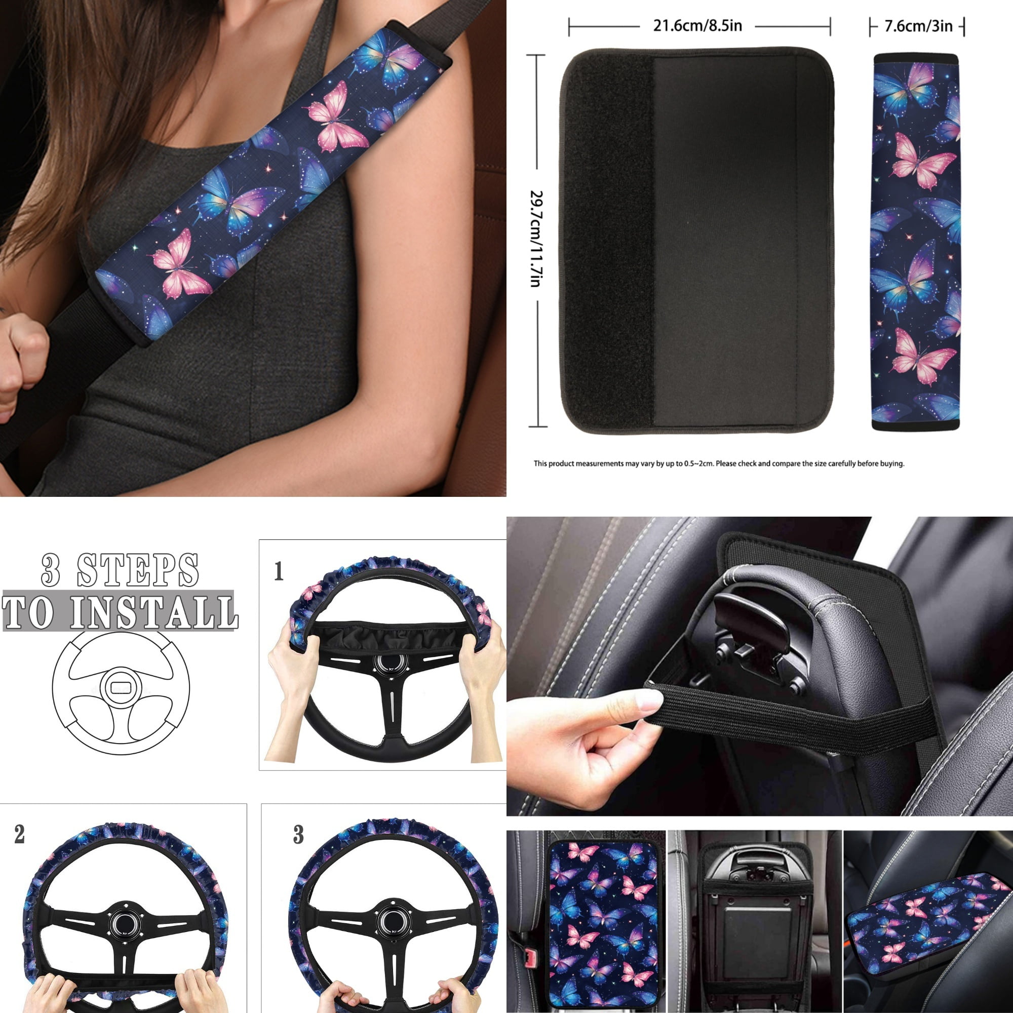Jeiento Butterfly Car Accessories Full Set for Women, Automotive Vehicle Seat Cover, Decorative Car Floor Mat Steering Wheel Cover Center Console Pad Fit for SUV Van Truck Sedan, Blue Pink