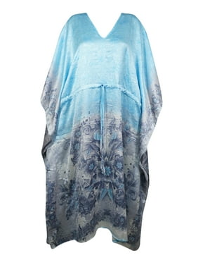 Mogul Women MATERNITY CAFTAN Dresses, Ethical Dress, sky Blue Gray Floral Print Sari Caftan, Beach Wear, Lounger Maxi Dress