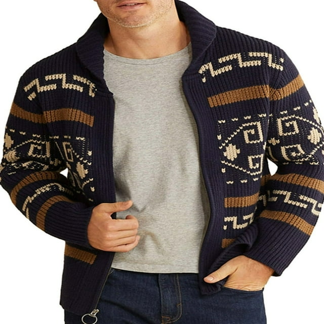 Men Winter Zipper Sweaters Geometric Print Long Sleeve Knit Cardigan Casual Knitted Jumpers Fall Sweater Jackets