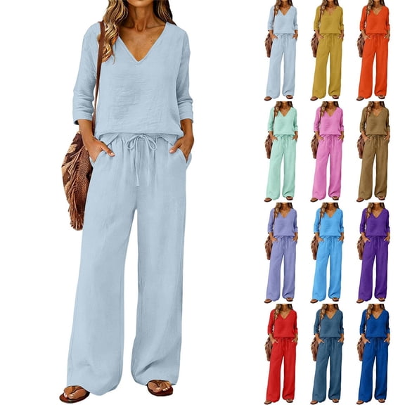 EaseDay Women's 2 Piece Lounge Pajama Set, Soft 3/4 Sleeve V Neck Top and Wide Leg Pants, Comfy Matching Sets for Women Summer Loungewear Outfit