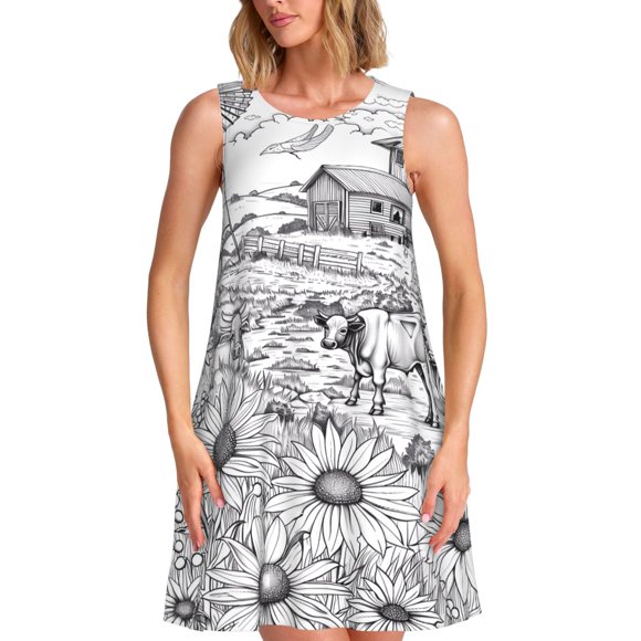 Cauagu Country Farm Scene for Womens' Summer Dresses,Sleeveless Sundresses Vacation Casual Dress Round Neck Dresses with 2 Pockets