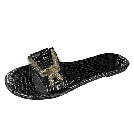 

Daznico Womens Sandals Women s Large Size Solid Color Textured Metal Buckle Flat Sandals Slippers ( Black 9 )
