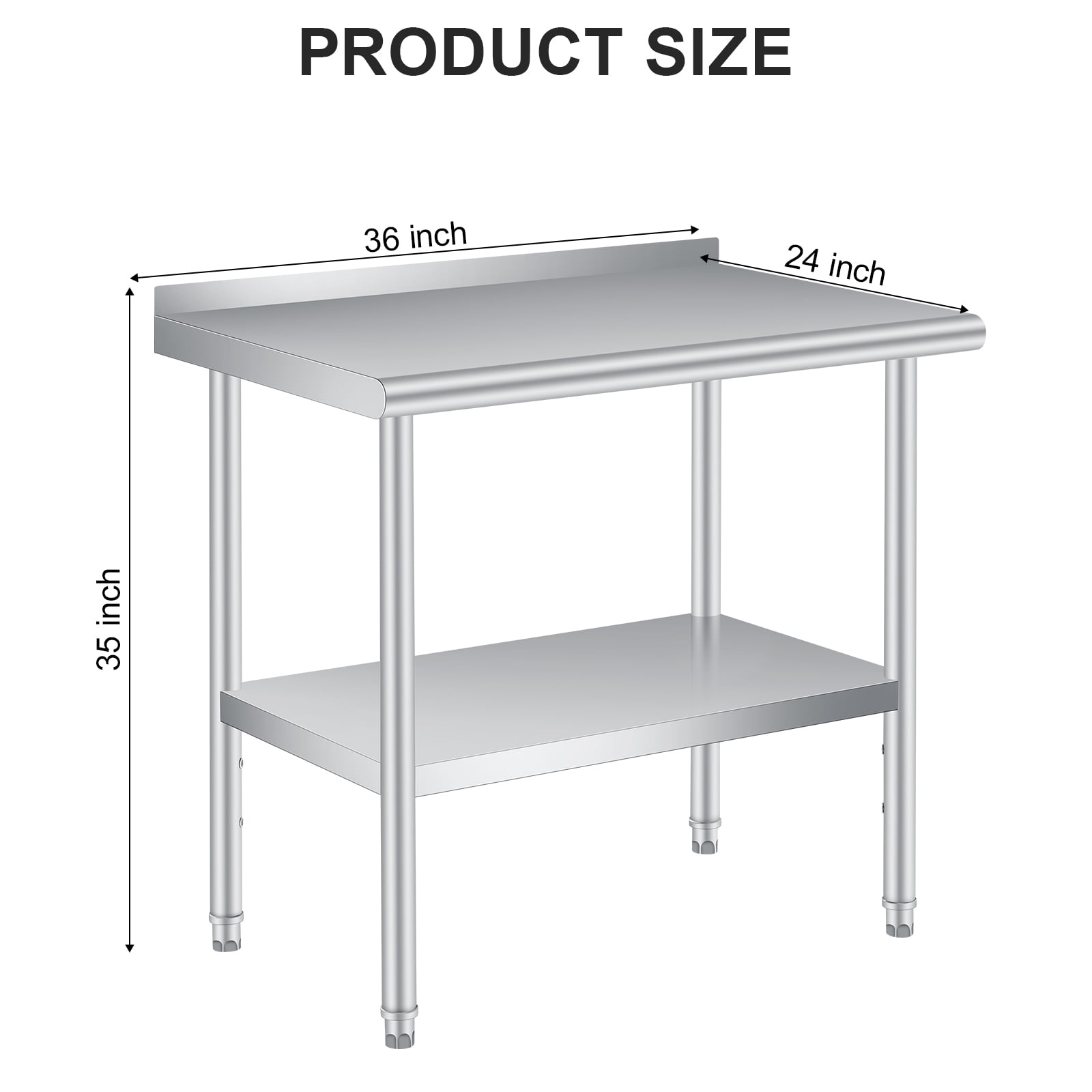 Stainless Steel Prep Table with Backsplash - Adjustable Undershelf - Commercial Kitchen Worktable for Restaurant, Home, Outdoor - Size 36x24 Inch