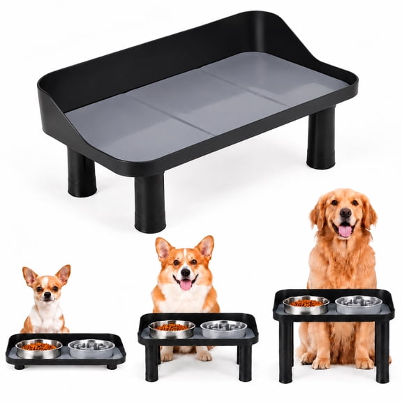 Adjustable Elevated Pet Bowl Stand for Dogs & Cats, Anti-Tip Raised Food & Water Feeding Station with Silicone Mat, Neck Protection Design, 16.73" Wide