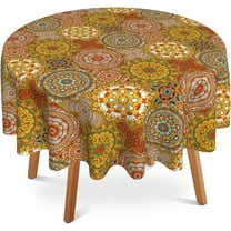 Boho Round Table Cloth 60 Inch,Vintage Mandela Flowers Tablecloth Waterproof Stain Resistance Wrinkle Polyester Circle Table Cover for Home Kitchen Dining Party Camping Pinic Decor