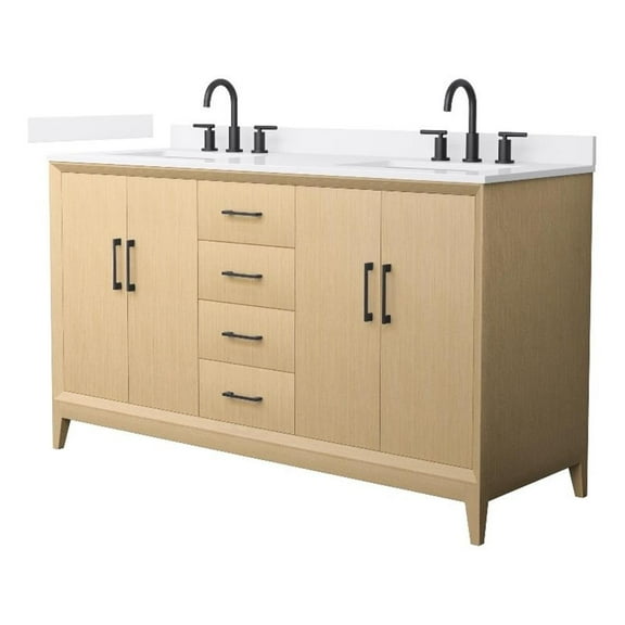 Janna 60" White Oak Double Vanity & White Quartz Top (3-Hole) & Black Trim