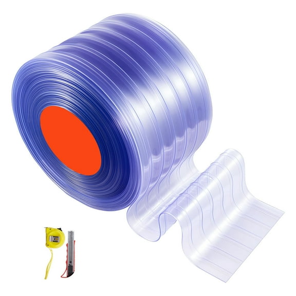 KFFKFF Clear PVC Strip Curtain, 101 ft x 12 in, Ribbed Plastic Door Strips for Freezers, Coolers, and Doorways in Supermarkets, Garages, Warehouses, or Animal Shelters