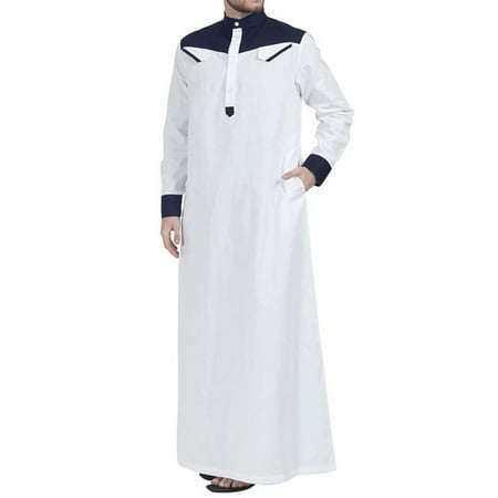 

HOTYA Traditional Muslim Clothing Contrast Color Muslim Dress Middle East Jubba Thobe Men Robe for w/ Long Sleeves Mandarin Ne