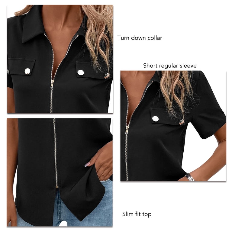 Women Zip Up Casual Top Short Sleeve Pure Color Turn Down Collar
