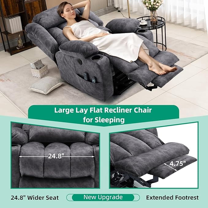 VIVIJASON Tall Man Dual Motor Power Lift Recliner, Oversized Lay-Flat Sleeper with Extended Footrest, Heat, Massage, Lumbar Pillow & USB/Type-C, Plush Grey