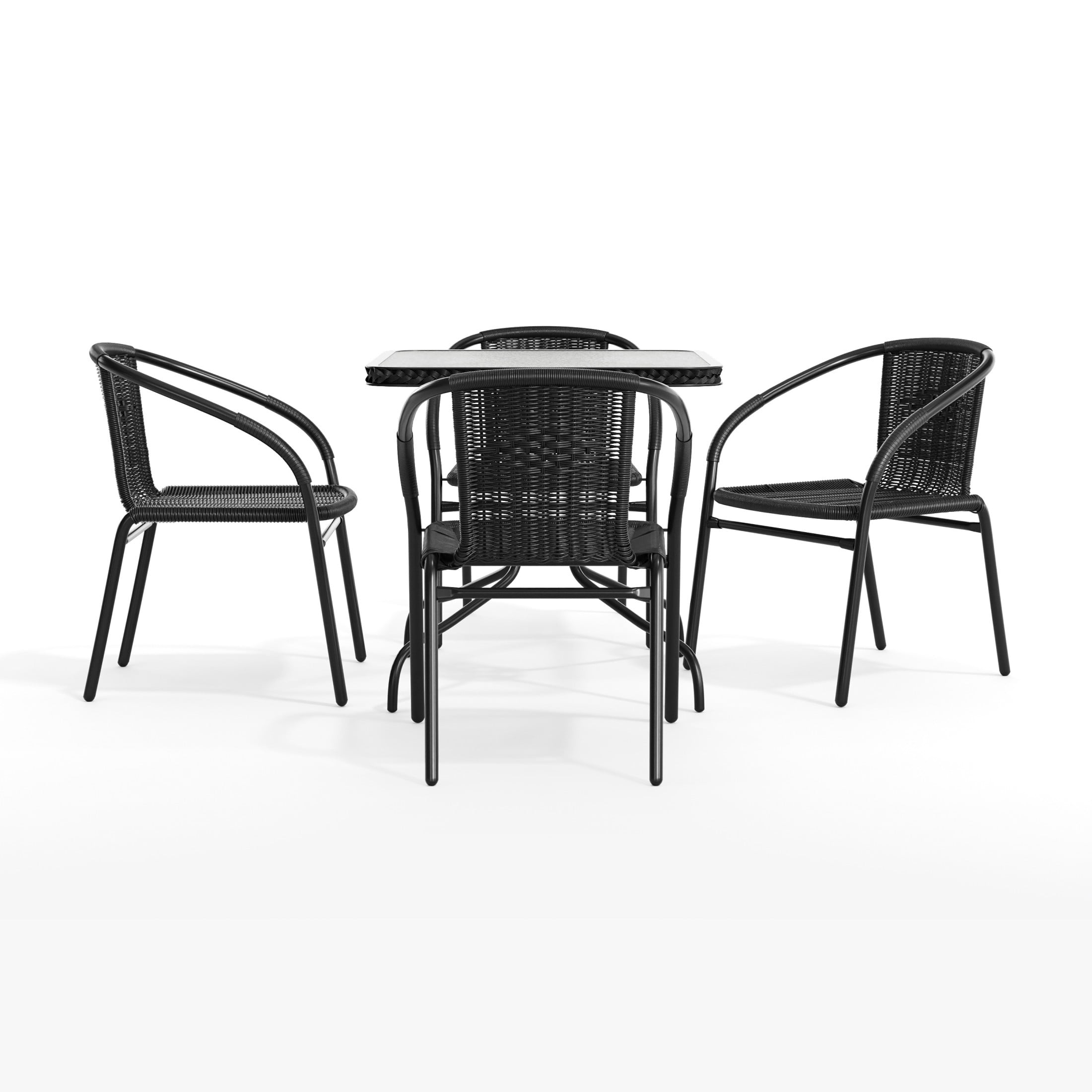 Flash Furniture 28'' Square Glass Metal Table with Black Rattan Edging and 4 Black Rattan Stack Chairs