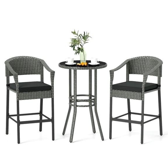 YYAo 3-Piece Patio Rattan Bar Set with Tempered Glass Top for Backyard Poolside-Gray