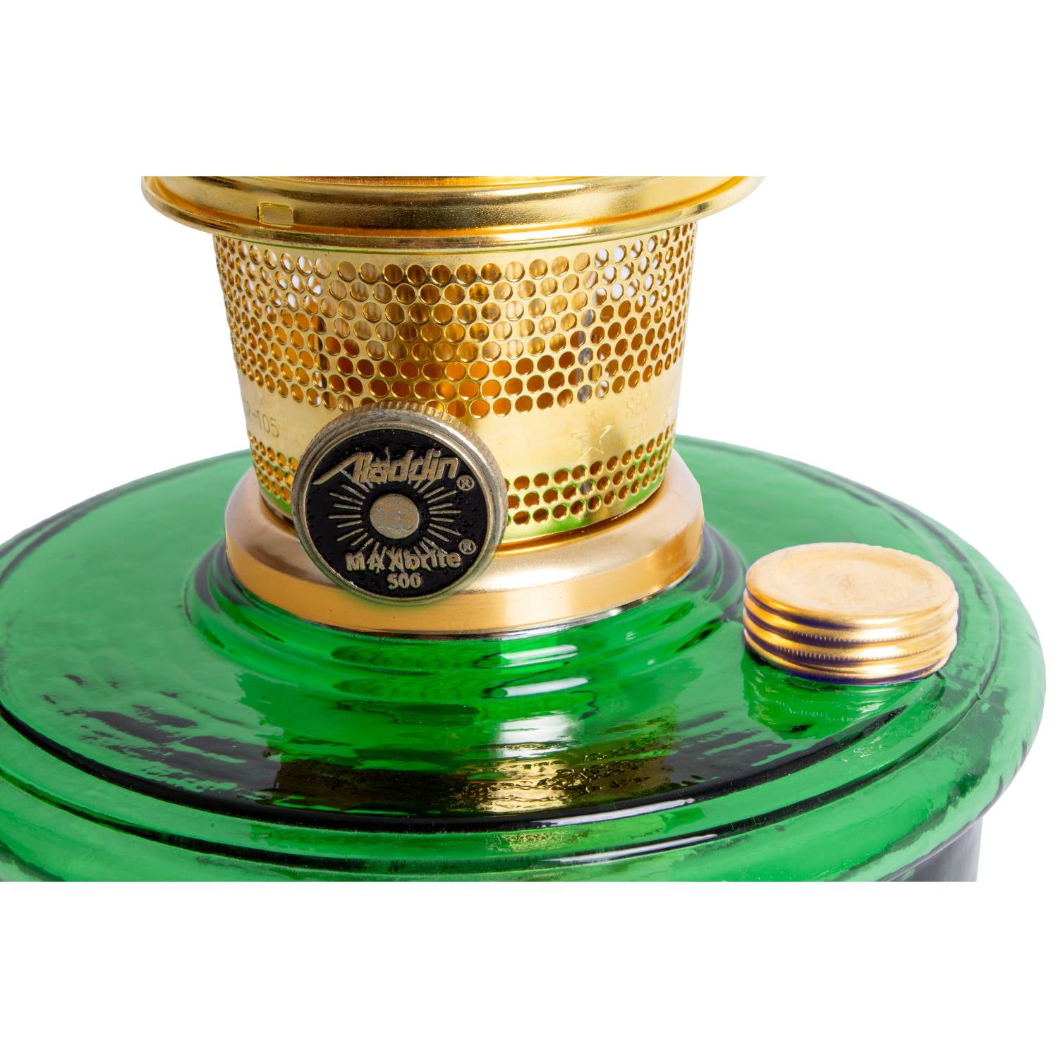 Aladdin Genie III Oil Lamp, Indoor Emergency Lighting for Shelf, Table or Hanging, Emerald Green Glass Bowl with Brass Burner