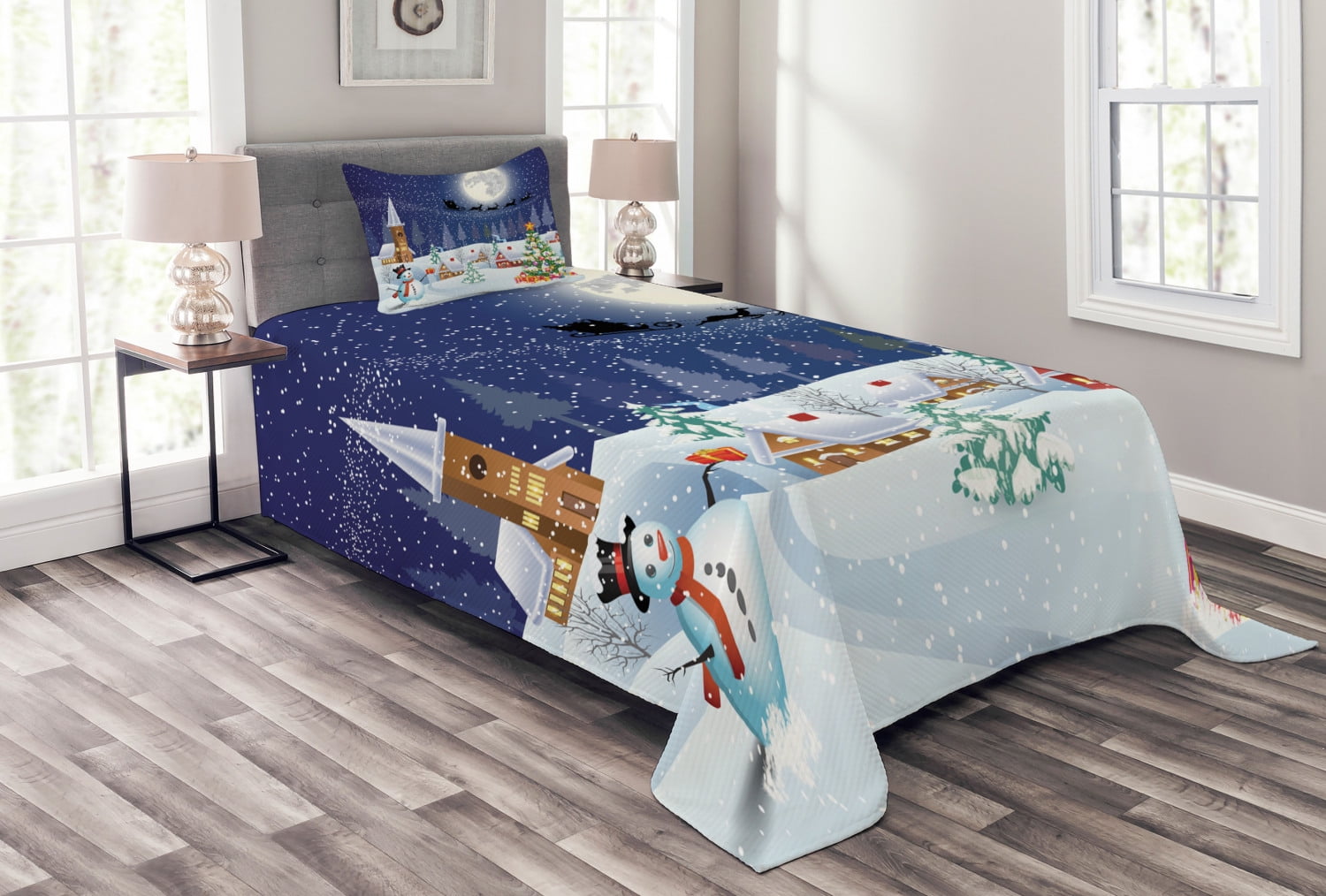 Christmas Bedspread Set, Winter Season Snowman Xmas Tree Santa Sleigh
