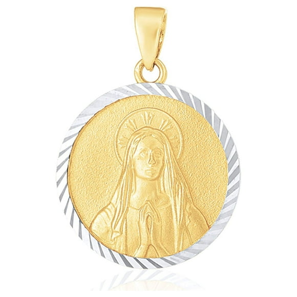 14k Two Tone Gold Round Textured Religious Medal Pendant