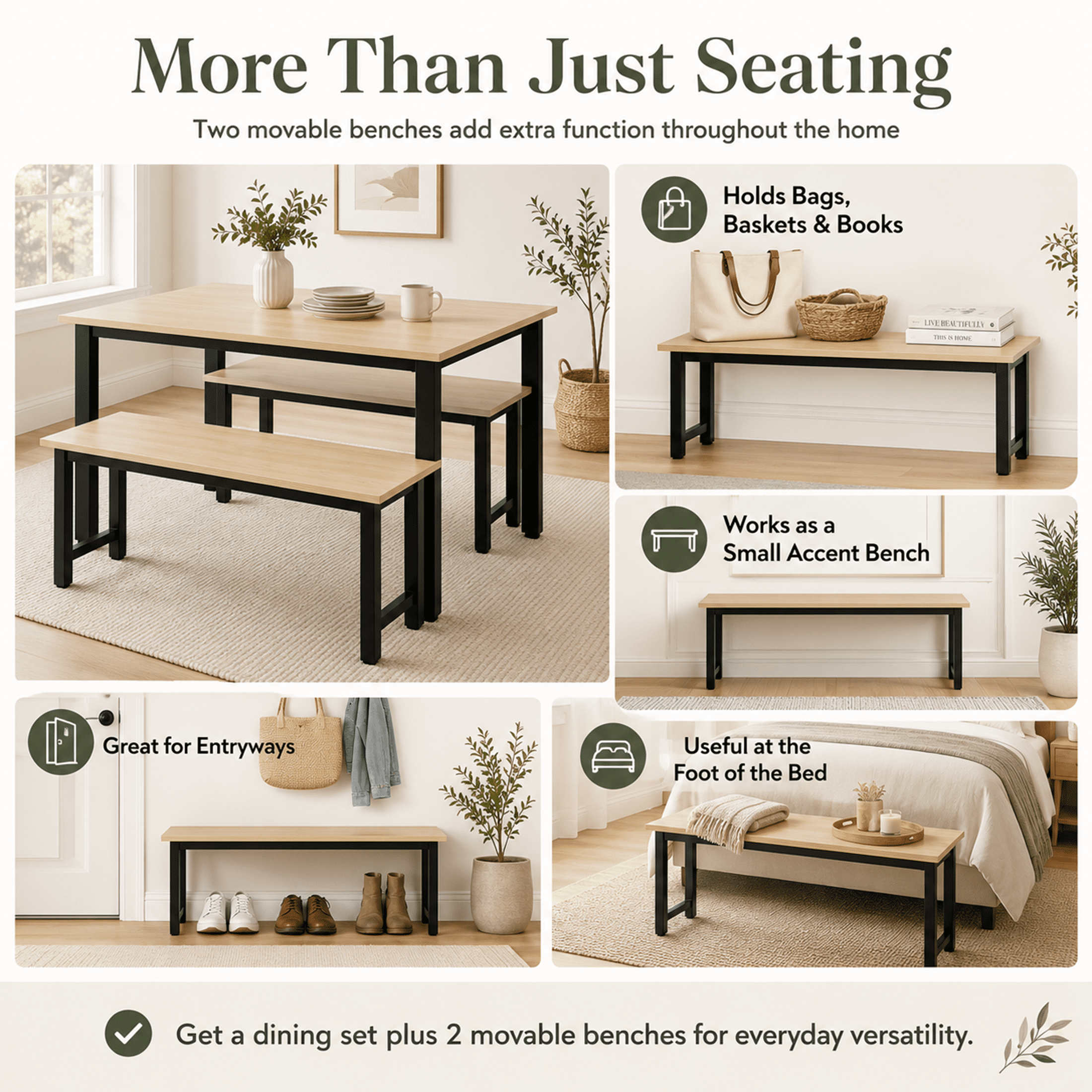 UHOMEPRO Dining Table Set for 4, Kitchen Table with 2 Benches, Modern Dining Room Table Set with Metal Frame, Breakfast Nook Furniture Set for Home Cafeteria Bar Kitchen, Natural+Black