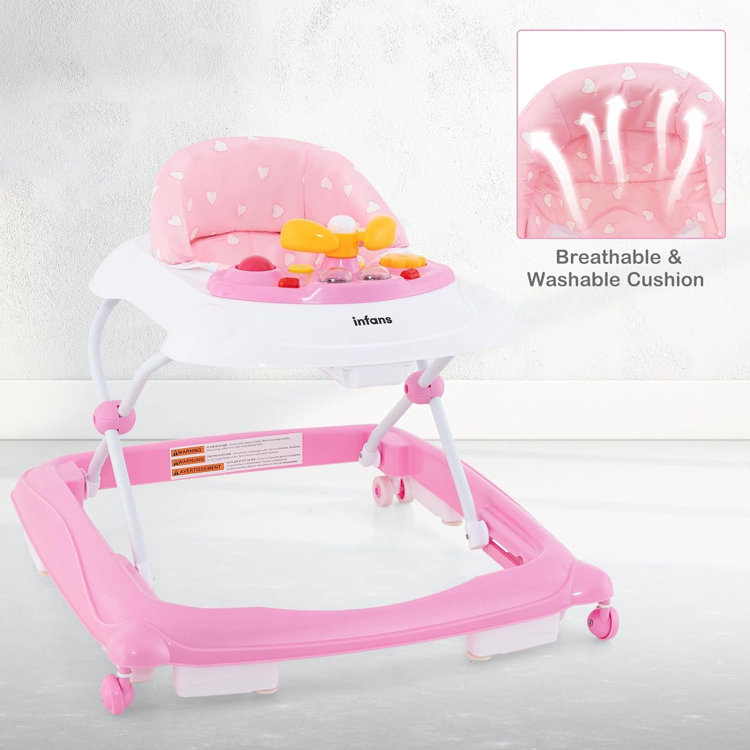 INFANS Foldable Baby Walker, 3 in 1 Toddler Walker Leaning-Seated Walk-Behind with Removable Music Tray, Adjustable Height, Washable Seat Cushion for Boys and Girls