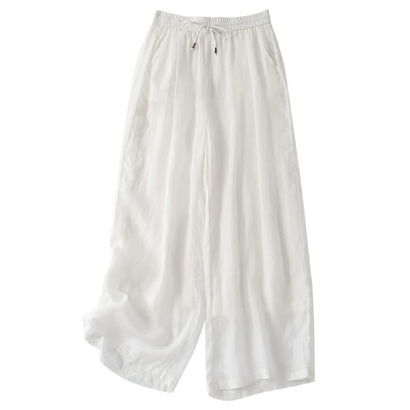 Diufon Cotton Linen Pants for Women Solid Color Pants Elastic Waist Drawstring Pants with Pockets