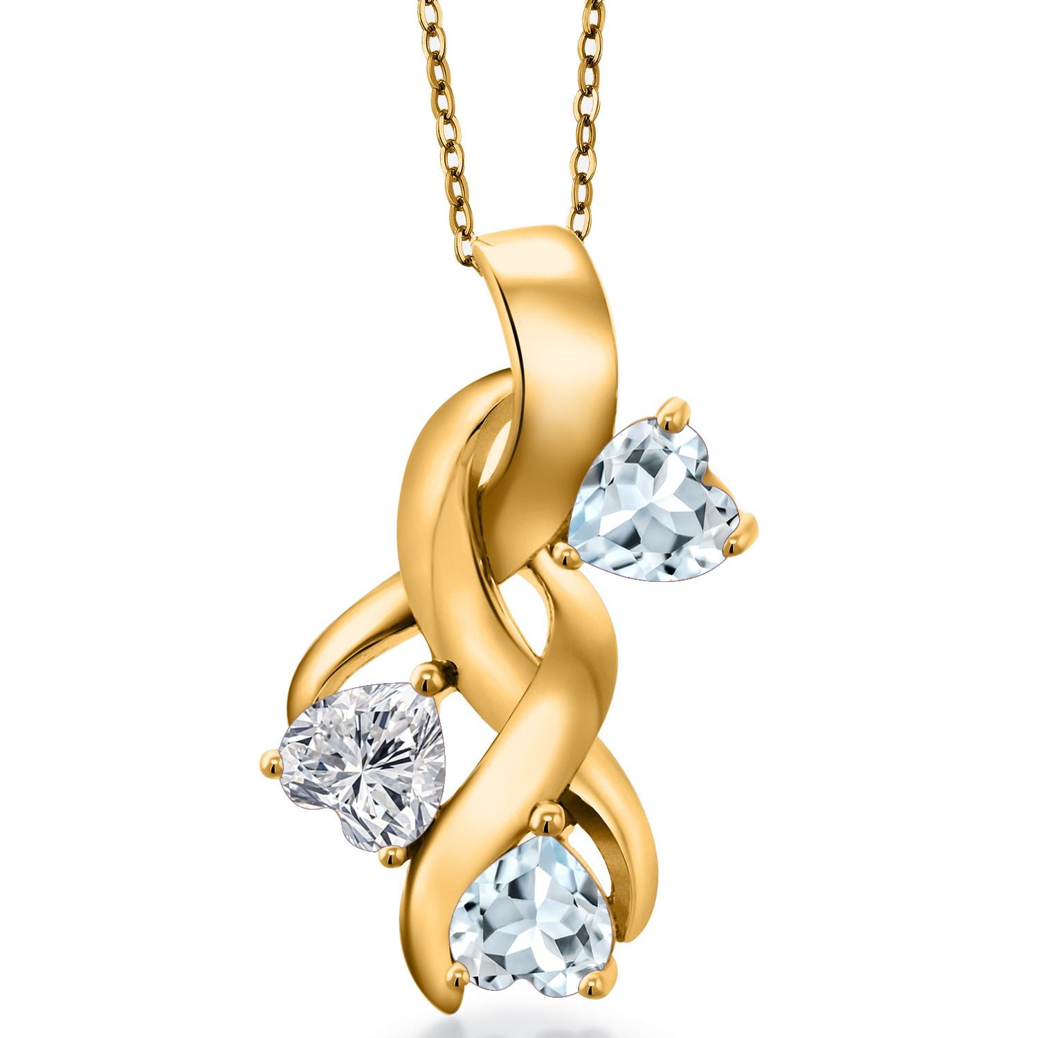 Gem Stone King 18K Yellow Gold Plated Silver Lab Grown Diamond and Sky Blue Aquamarine Pendant Necklace for Women | 1.27 Cttw | Gemstone April Birthstone | Heart Shape 5MM | With 18 inch Chain